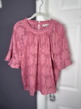 LOFT Rosy Pink Textured Ruffle Trim Blouse Size Small
